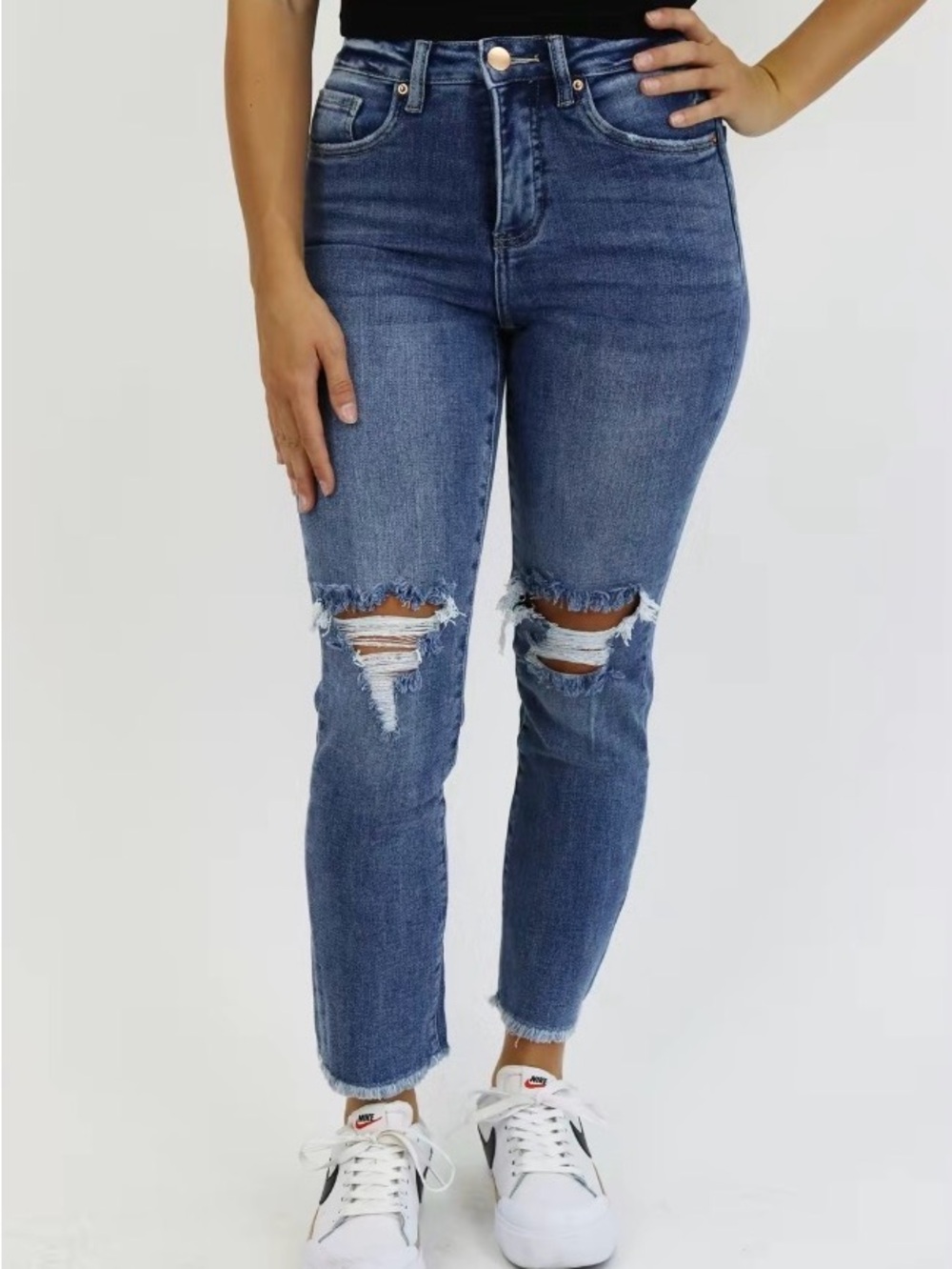 Tummy Control Straight Leg Distressed Jeans by RFM